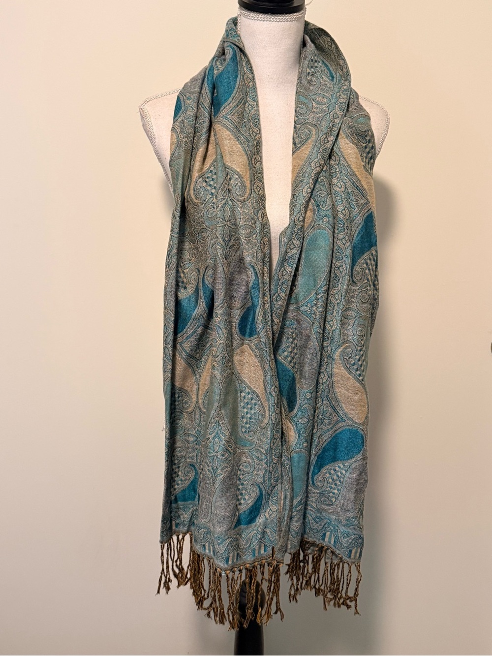 Blue Paisley Print Scarf with Fringe